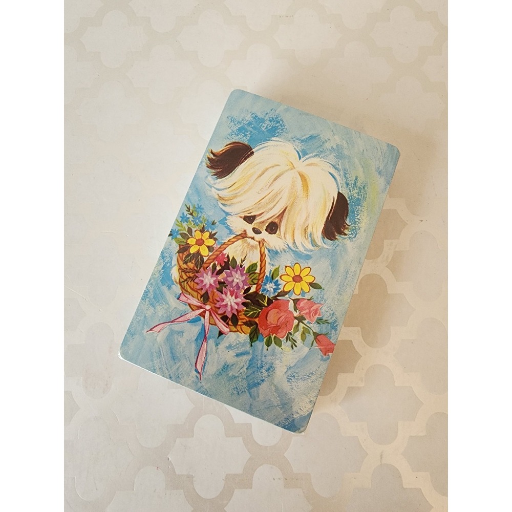 Vtg NOS Playing Cards Puppy Dog w/ Basket Of Flowers Kitschy Cute Blue Sealed - Picture 2 of 5